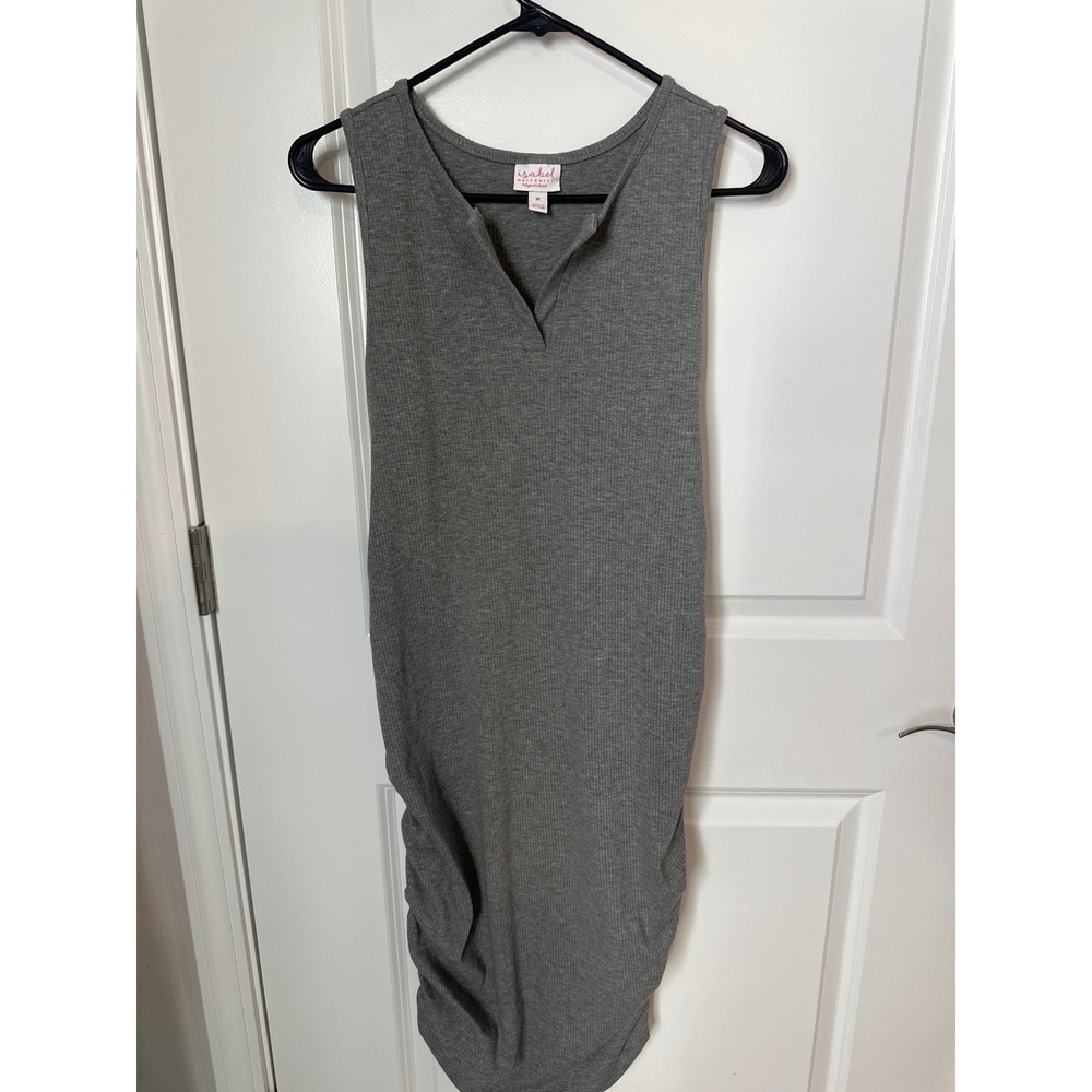 Isabel Maternity Ingrid & Isabel Gray Ribbed Ruched Notch Neck Midi Dress M